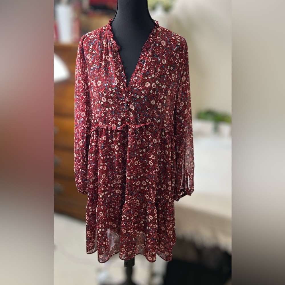 Zara Red Floral‎ Print Blouse Dress with Gem buttons Women's Size Large